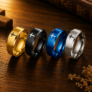 Anillo de Acero Inoxidable con Borde Biselado y Grabado de Cruz, Ajuste Cómodo, para Hombre y Mujer, Joyería Cristiana para Boda, Venta al Por Mayor JLM - Product Image 6