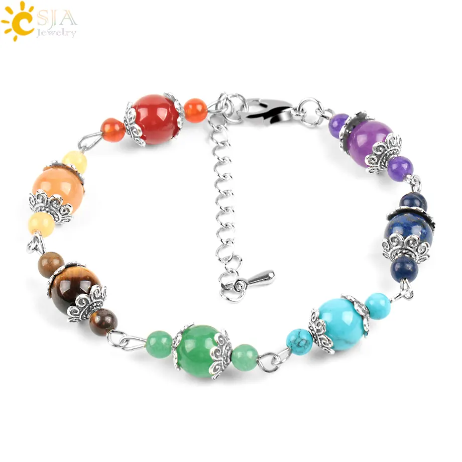 CSJA 8mm Natural 7 Chakra Frauen Armbänder Edelstein Perlen Regenbogen Blume Charms Hummer verschluss Link Kette Meditation Schmuck E449