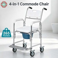 Chaise de toilette et de douche 4 en 1 pour fauteuil roulant, cadre en aluminium, siège en PU, roulettes verrouillables, capacité 265 lbs, siège rembourré en PP, pour personnes âgées
