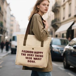 Sac fourre-tout en toile crème avec poche avant, bouton-pression et impression de slogan pour étudiants, courses quotidiennes et travail - Product Image 6
