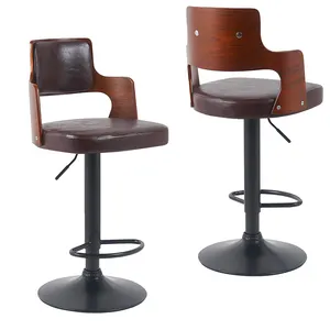 Modern Brown Swivel Bar Chairs With Leather Seat Wood Back High Stools Lift Fabric Natural Texture Footrest For Kitchen Home Bar