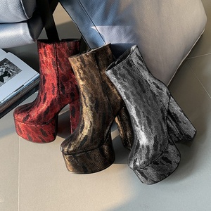 Bottines à talons épais pour femmes, plateforme haute, motif métallique, fermeture éclair latérale, bottes courtes de soirée pour femme - Product Image 4