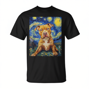 Camiseta Pitbull Dog Van Gogh Starry Night para adulto, unisex, negra, manga corta, cuello redondo, impresión digital - Product Image 2