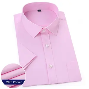 Men's Woven Shirts Comfortable Pink And White Short Sleeve Yarn Dyed Shirt For Men
