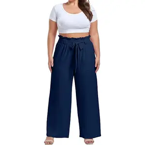 HCSF celana panjang kerja wanita ukuran plus grosir pabrik celana panjang santai bersabuk ikat pinggang tinggi panjang lurus dengan saku