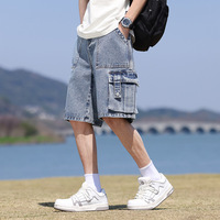 Shorts en jean tricoté respirant pour homme – Coupe droite décontractée, style workwear, en nylon et coton, taille mi-haute – Idéal pour l'été