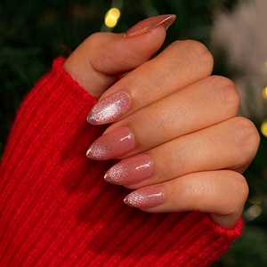 Uñas postizas de gel suave reutilizables, cortas, almendradas, con efecto ojo de gato rosa y punta francesa plateada, para primavera, suministros al por mayor - Product Image 1