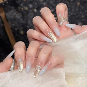 Uñas Postizas Degradado Rosa Nude con Diseño <span class=keywords><strong>de</strong></span> Estrellas <span class=keywords><strong>de</strong></span> Diamantes <span class=keywords><strong>de</strong></span> Imitación en Forma <span class=keywords><strong>de</strong></span> Lágrima y Lazo, Puntas <span class=keywords><strong>de</strong></span> Uñas Desmontables, Caja <span class=keywords><strong>de</strong></span> 30 Piezas, Acabado Profesional - Product Image 1