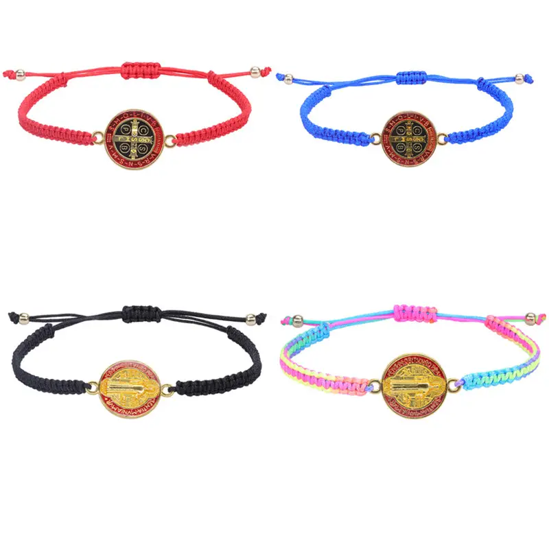 Catholic Religious Belief St. Benedict Cross Dripping Oil Double sided Protection Medal Adjustable woven Bracelet braided bracelets