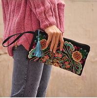 Nouvelle mode de sac à main pour filles portefeuille style ethnique avec fermeture à glissière à motif de dessin animé brodé