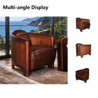 Fauteuil en cuir rétro, structure en bois massif à lattes, chaise club vintage, cuir pleine fleur marron, canapé individuel pour villa, hall d'entrée, bar