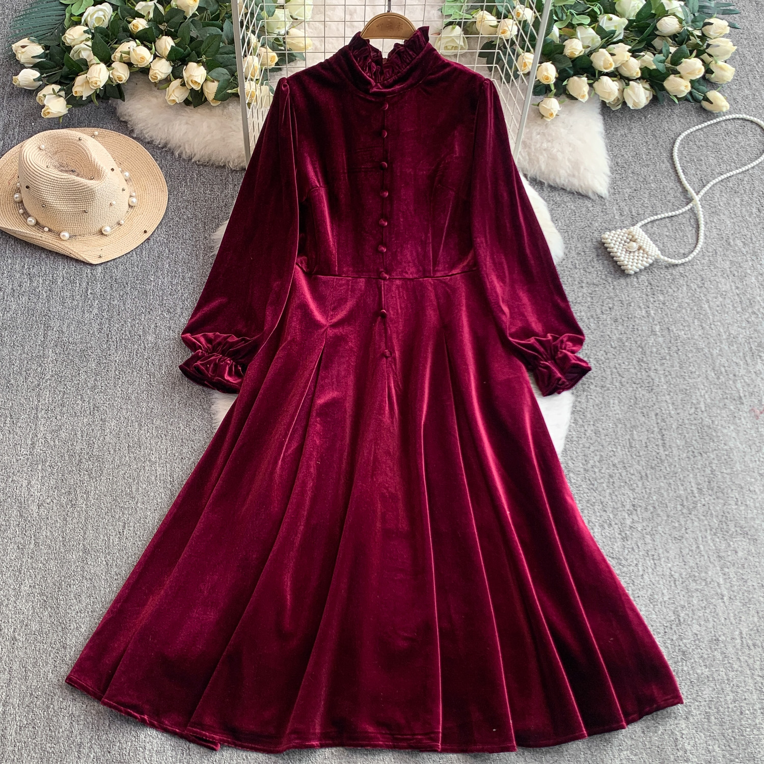 slim fit dress slacks The Midi Velvet Wrap Dress w/ Balloon Sleeves main image 1