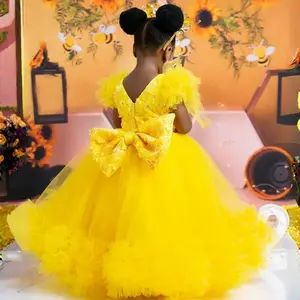 Little Host Flower Girls Yellow Gown Dress Short Sleeve Sequin Bow Princess Ball Gown Kids Birthday Wedding Formal Long Dresses