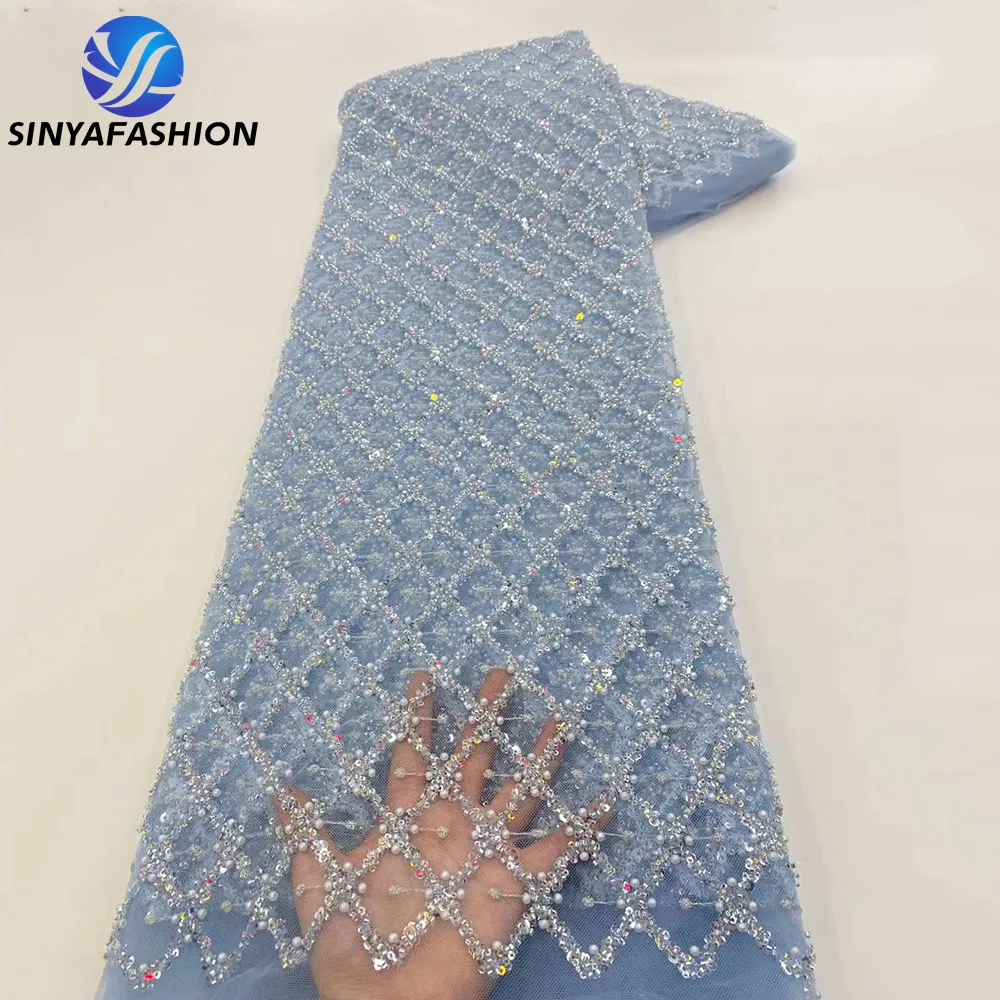 Sinya-tela de tul francés con bordado azul cielo, encaje de red para boda, fiesta nupcial, africano, lentejuelas de cristal, con cuentas, para ropa