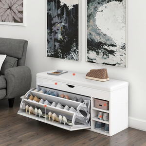 Meuble à chaussures multifonctionnel moderne pour l'entrée de la maison, avec étagère en fer et banc en bois avec coussin moelleux pour s'asseoir et changer de chaussures - Product Image 3