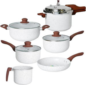 Ensemble de casseroles en aluminium antiadhésif à induction moderne avec revêtement céramique, 10 pièces, couvercles en verre transparent, poignées en bakélite - Product Image 1