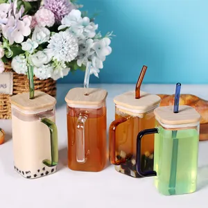Стеклянные чашки для питья, 17 унций, цветные квадратные стеклянные кружки с бамбуковой крышкой, соломинкой и ручкой для сока, воды, холодного кофе