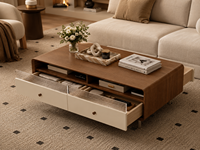 Ensemble table basse et meuble TV en marbre beige crème, structure en bois massif, écologique, durable, plateau surdimensionné, mobilier moderne pour salon