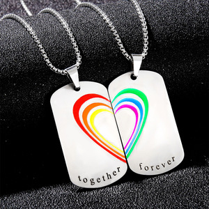 Stainless Steel <b>Couple</b> Heart Pendant <b>Necklace</b> Rainbow Love Together Forever Jewelry Set Gift for Lovers - Product Image 1