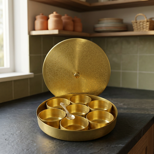 Premium Round Brass Spice <b>Box</b> with 7 Katori Containers Etched Floral Art Lid Luxury Indian Masala Dani Kitchen Organizer Set - Product Image 2