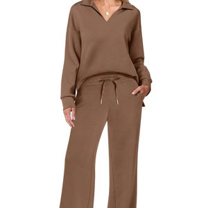 Jersey de manga larga con media cremallera y logotipo personalizado, conjunto de <span class=keywords><strong>2</strong></span> piezas para mujer, conjunto de pantalones de pierna ancha de gran tamaño para mujer - Product Image 1