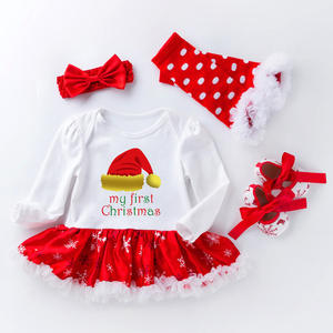 Ensemble de tenues de Noël pour bébé fille Robe barboteuse à manches longues avec imprimé flocon de neige Bandeau assorti Jambières et chaussures à pois - Product Image 2
