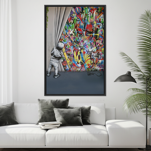 Printed Canvas Art: Graffiti Glass Wall Hanging with Banksy Boy,<b>BLACK</b> <b>FRAMED</b> CANVAS - Product Image 3