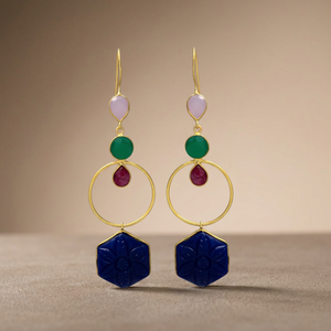 Nouvelles boucles d'oreilles pendantes ethniques en onyx vert et rubis, plaquées or, faites à la main, cadeau de mariage, fête, fiançailles - Product Image 3