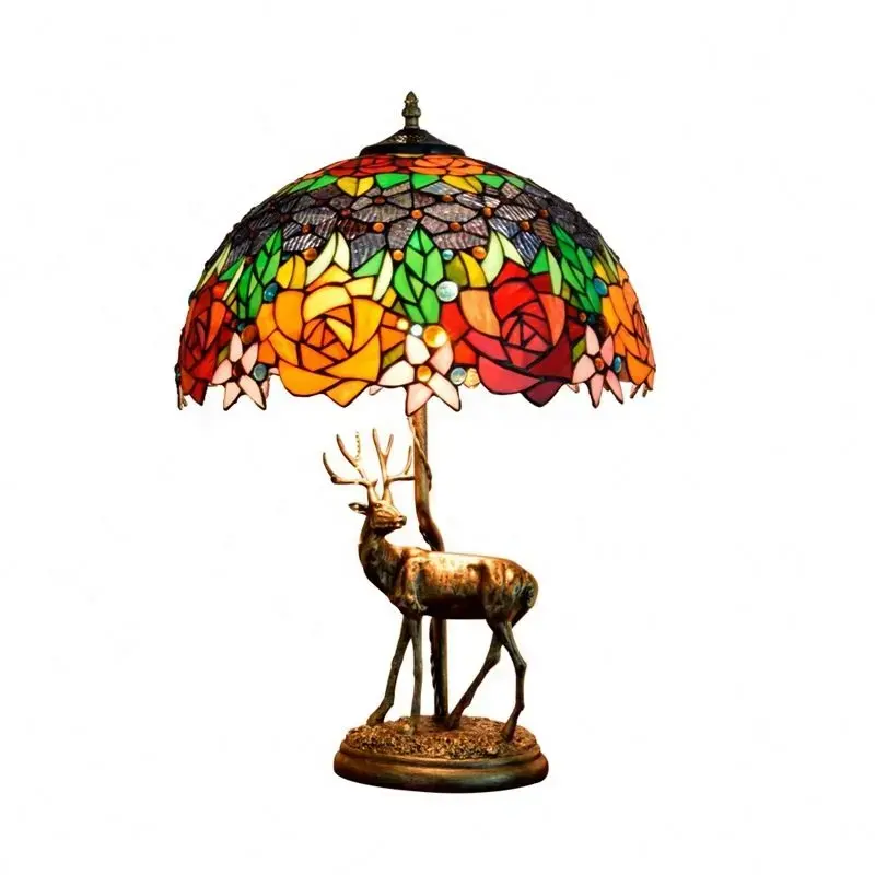 2021 16 inch American pastoral creative retro elk table lamp Tiffany stained glass living room bedroom bedside art gift lamp