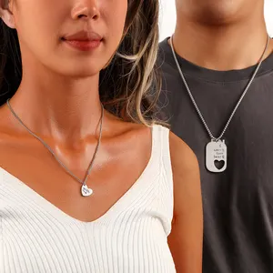 Couple Heart Shaped Square Pendant Stainless Steel Valentine's Day Gift Necklace