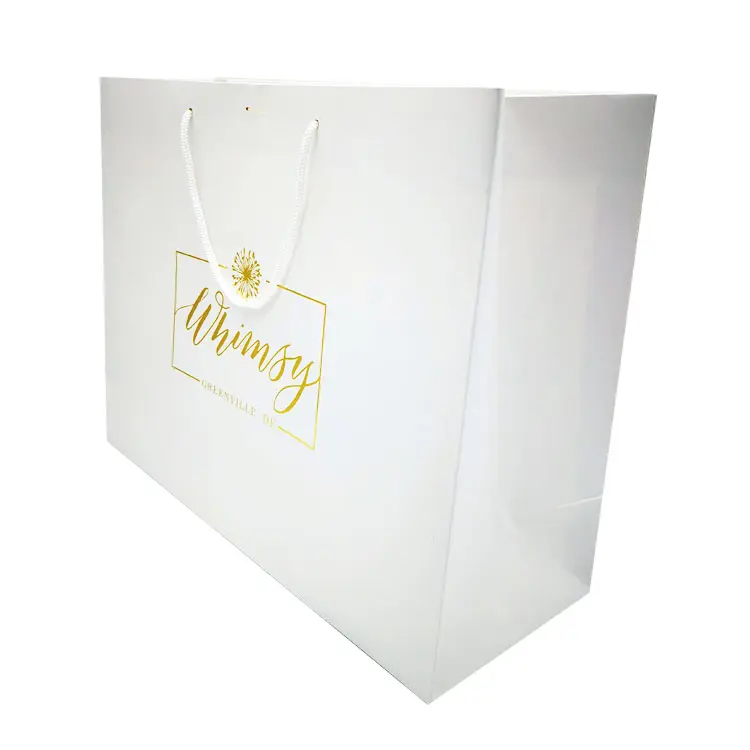 Bolsas personalizadas trenzado mango de cinta Kraft blanco bolsas de regalo de papel al por mayor