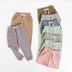 Wholesale High Quality Trousers Solid Color Lace-Up Elastic Waist Pockets Baby Organic Cotton Baby Pants Girls