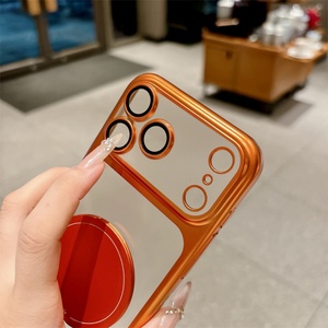Plating <b>Pc</b> Cover Phone case with Bracket <b>Stand</b> Holder for iphone 16 15 14 13 12 Plus,for iphone 17 Pro Mirror Magnetic case - Product Image 3