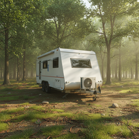 Mini-caravane légère pour 2 à 4 personnes, châssis AL-KO, construction en aluminium, design compact et confortable, adapté aux terrains accidentés