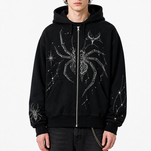 Felpa con Cappuccio Nera Oversize da Uomo con Zip e Grafica <span class=keywords><strong>Ragno</strong></span> in Strass, Stile Gotico Y2K Streetwear Pesante - Product Image 2