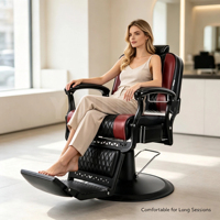 Fauteuil de Barbier Professionnel Noir et Rouge Matelassé, Hydraulique et Inclinable, Robuste pour Salon de Coiffure