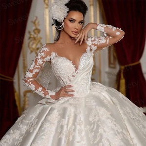 Vestido <span class=keywords><strong>de</strong></span> <span class=keywords><strong>Novia</strong></span> Personalizado con Cuello en V, Mangas Largas, Bordado <span class=keywords><strong>de</strong></span> Encaje, Apliques <span class=keywords><strong>de</strong></span> Encaje, Estilo <span class=keywords><strong>Princesa</strong></span>, Vestido <span class=keywords><strong>de</strong></span> <span class=keywords><strong>Novia</strong></span> Vintage <span class=keywords><strong>de</strong></span> Satén - Product Image 3