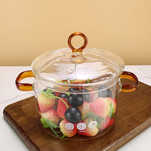 Casserole <span class=keywords><strong>en</strong></span> <span class=keywords><strong>verre</strong></span> borosilicate de haute qualité avec couvercle, poignée ambrée, écologique, faite à la main, résistante à la chaleur, compatible four et micro-ondes, tous types de cuisinières - Product Image 3