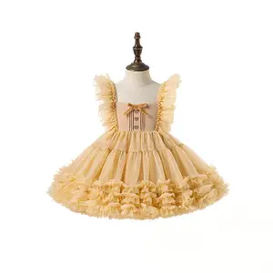 Children lolita lace tutu dresses little princess yellow tulle baptism party summer toddler girl kids baby dress girl clothes
