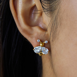 Stud Earrings <b>Bee</b> Design 18K Gold Stainless Steel White Zirconium Insect Shape <b>Gift</b> Jewelry - Product Image 2