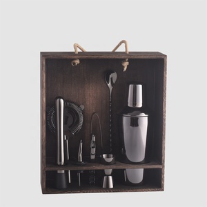 OUYADA Factory Direct Custom Logo Wood Box 10 Piece Stainless Steel Martini Bar Tools Set Black Shaker Cocktail Bar