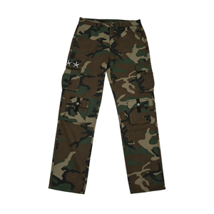 Bold Classic Camo Print Loose <b>Wide</b> <b>Leg</b> <b>Cargo</b> Denim Trousers with Multi Flap Pockets and Star Embroidery for Tactical Street - Product Image 3