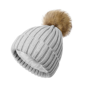 Custom Label Silk Satin Lined Lining Inside Ribbed Embroidered Knitted <strong>Beanie</strong> Hat With <strong>Pom</strong> <strong>Pom</strong> Winter Knitted Hats <strong>Beanie</strong> Hat - Product Image 2