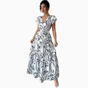 Robe d'été décontractée pour femme 2025, imprimé floral, coupe trapèze, manches courtes, ourlet naturel, longueur ras du sol, tricotée, imprimée numériquement, devant ODM - Product Image 2