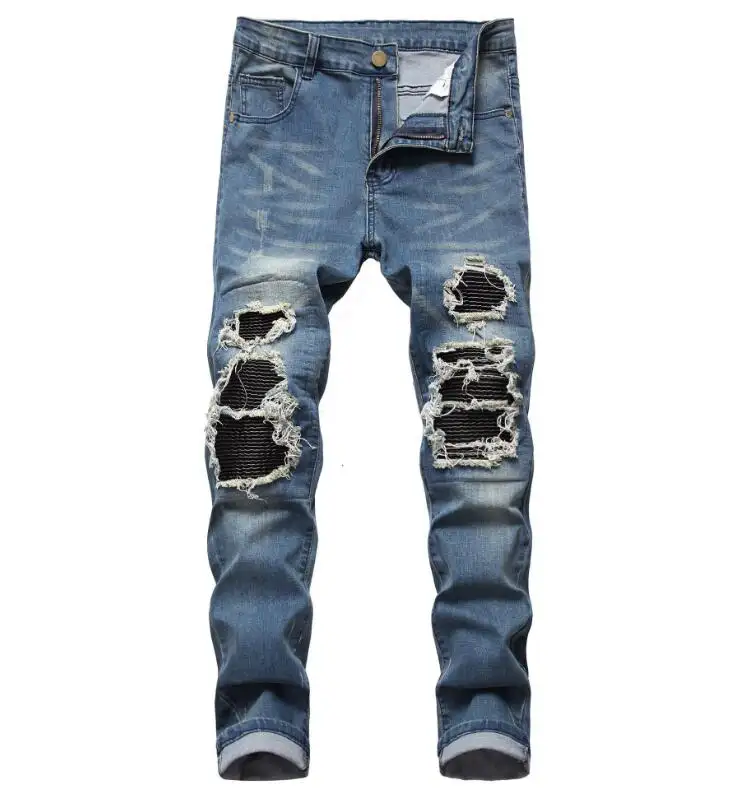 Yeni stil erkek sıkıntılı tahrip pantolon sanat delik yamalar sıska Biker siyah mavi ince pantolon erkekler Denim kot