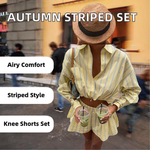 <b>Women's</b> Striped Oxford Shirt Shorts Set Full Sleeve Turn-down Collar Loose Fit Breathable Casual Spring Summer <b>2</b> <b>Piece</b> <b>Outfit</b> - Product Image 2