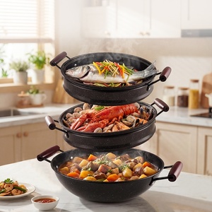 Casserole vapeur à 5 étages en acier au carbone pour la cuisine, 4 niveaux, 30 cm, grande casserole vapeur pour aliments avec poignées en bois et couvercle en verre - Product Image 3