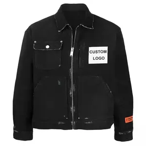OEM Custom Design di alta qualità 100% cotone Vintage lavato etichetta ricamo uomo Zip Up giacca di jeans da uomo