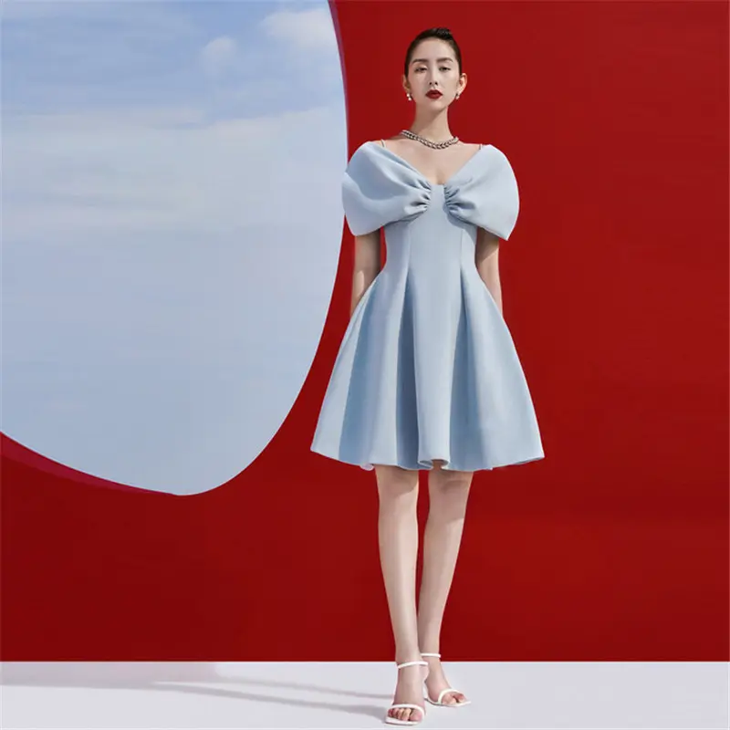 A5022 stokta kırmızı kapalı omuz yay tasarım kısa kollu doğum günü elbiseleri kadınlar için