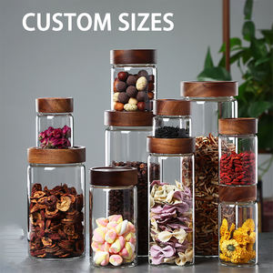 <span class=keywords><strong>Tarro</strong></span> de almacenamiento de especias de vidrio de grado alimenticio para cocina con forma de cilindro transparente personalizado alto borosilicato hermético Acacia té café azúcar sal - Product Image 5